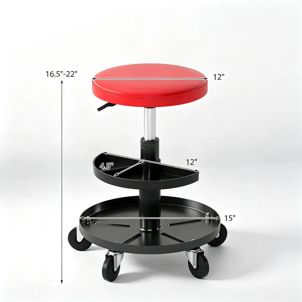 Adjustable Pneumatic Rolling Mechanic Stool with 2 Tier Tool Tray Red - Image 7