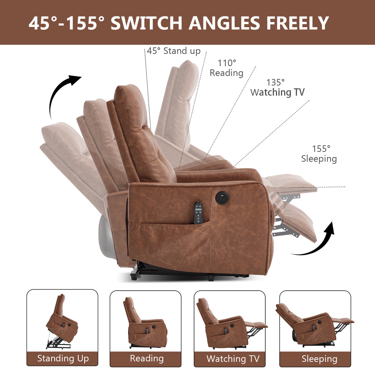 Brown PU Single Motor Power Lift Recliner Chair with Massage and Heat for - Image 4
