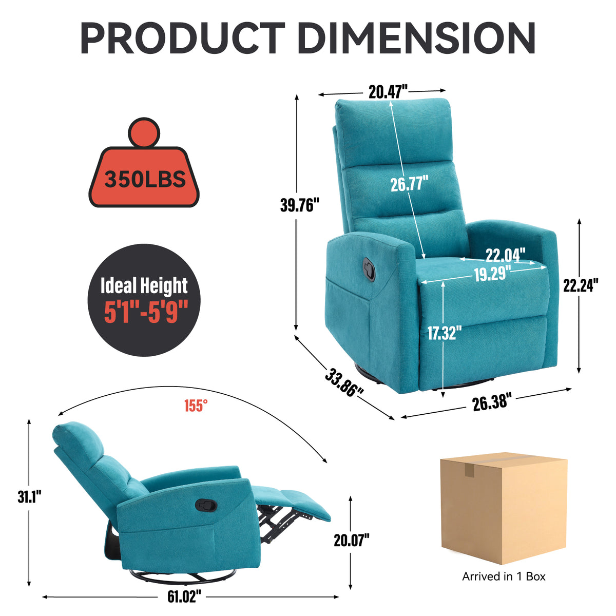 Manual Recliner Chair with Rocker and Swivel in Fabric for Living Room Blue - Image 3