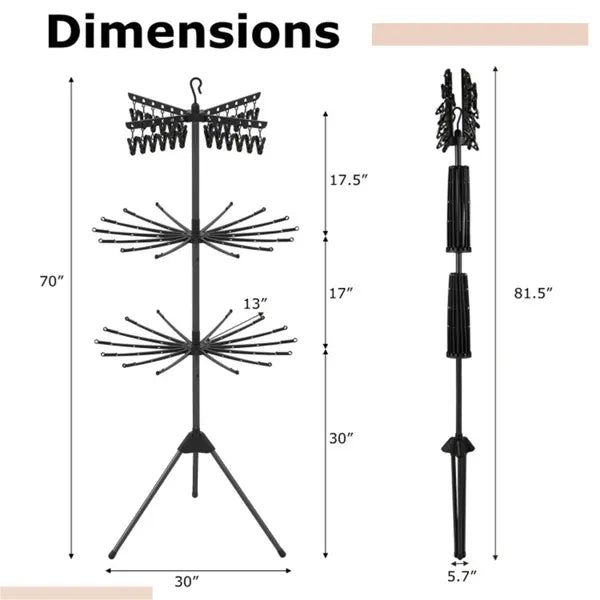 3 Tier Foldable Tripod Clothes Drying Rack With 24 Clips & 32 Rods 70" Space - Image 3