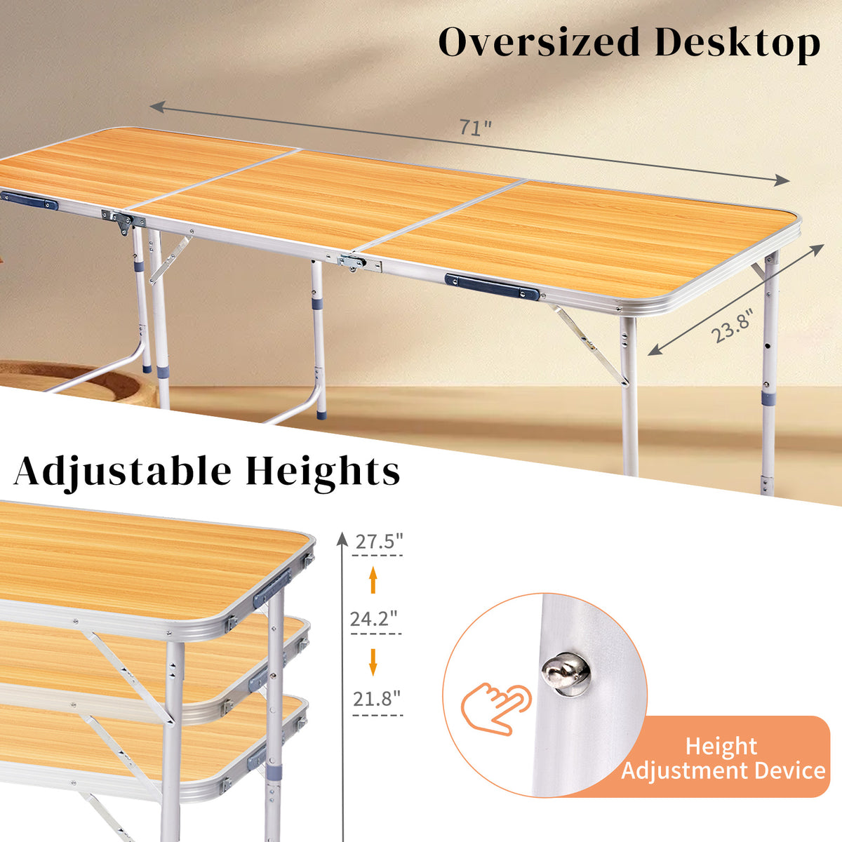 6-Foot Wood-Grain Aluminum Folding Table