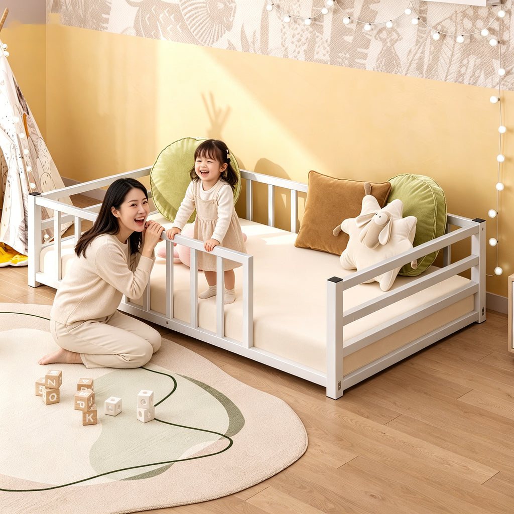 Twin Size Floor Bed Low Profile Metal Platform with Heavy Duty Guardrails No - Image 2