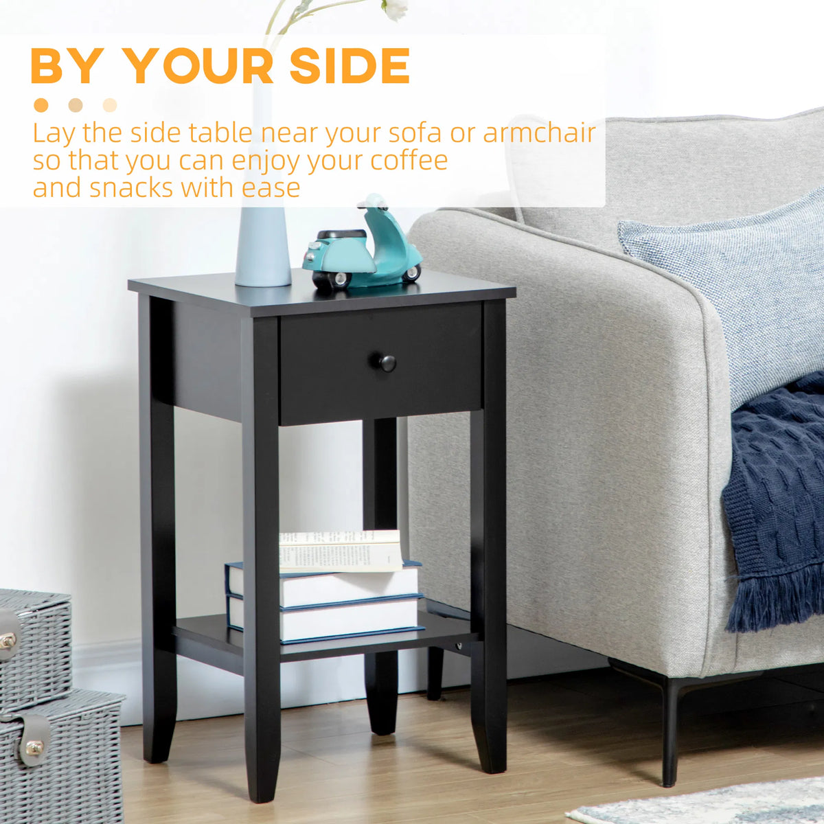 Side Table Set of 2 End Tables with Drawer and Bottom Shelf 2 tier Nightstand - Image 3