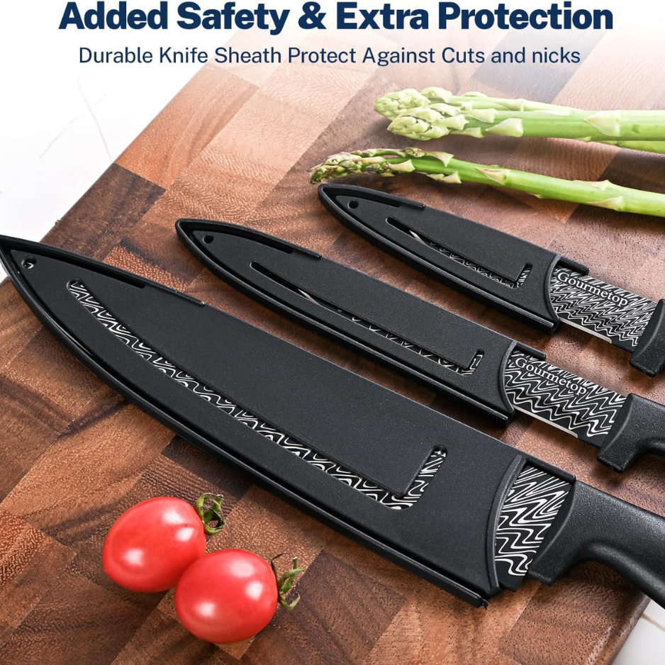 3 Piece Kitchen Knife Set With Blade Covers Black Damascus Pattern Nonstick