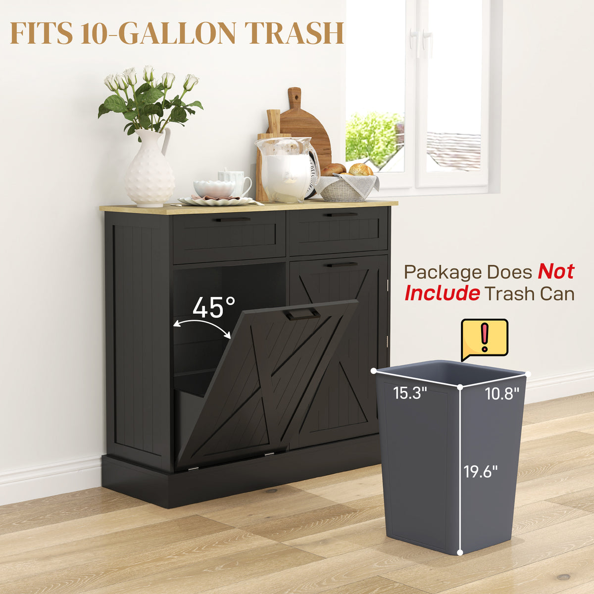 10 Gallon Farmhouse Kitchen Cabinet with Hidden Trash Can and 2 Drawers Tilt - Image 2