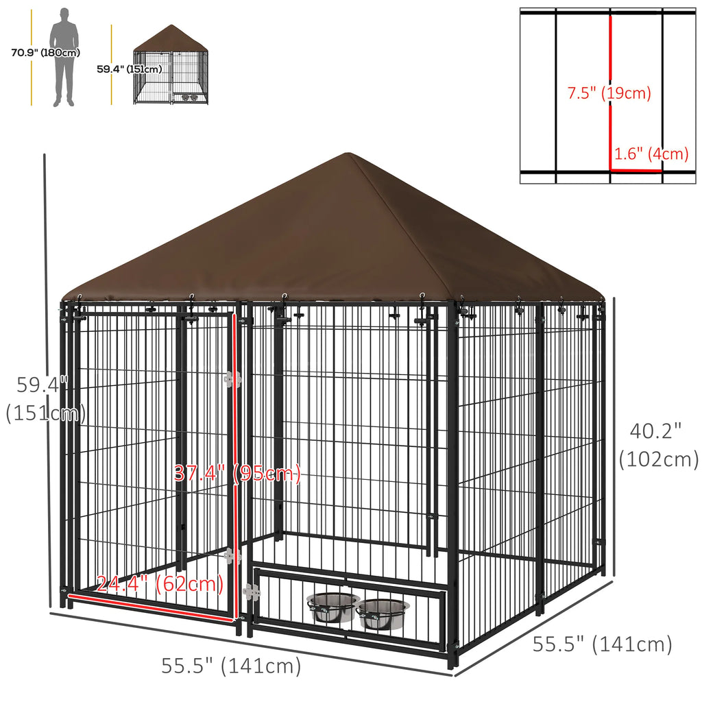 4.6' x 4.6' x 5' Outdoor Dog Kennel with Canopy Rotating Bowls Coffee - Image 3