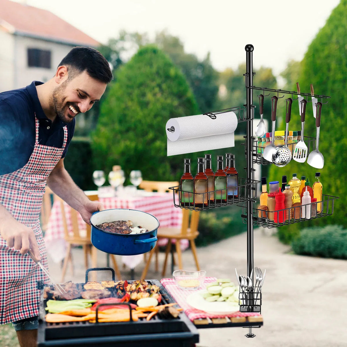 Upgraded BBQ Grill Caddy With Paper Towel Holder Carbon Steel Griddle Storage