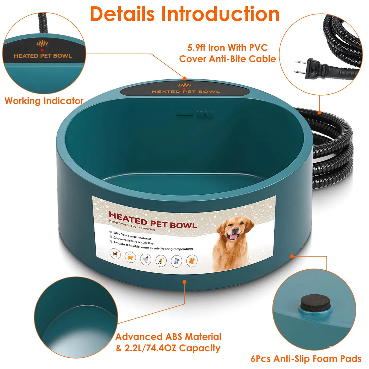 Heated Water Bowl for Dog Cat 74.4OZ Heating Water Dish IP67 Waterproof Thermal - Image 4