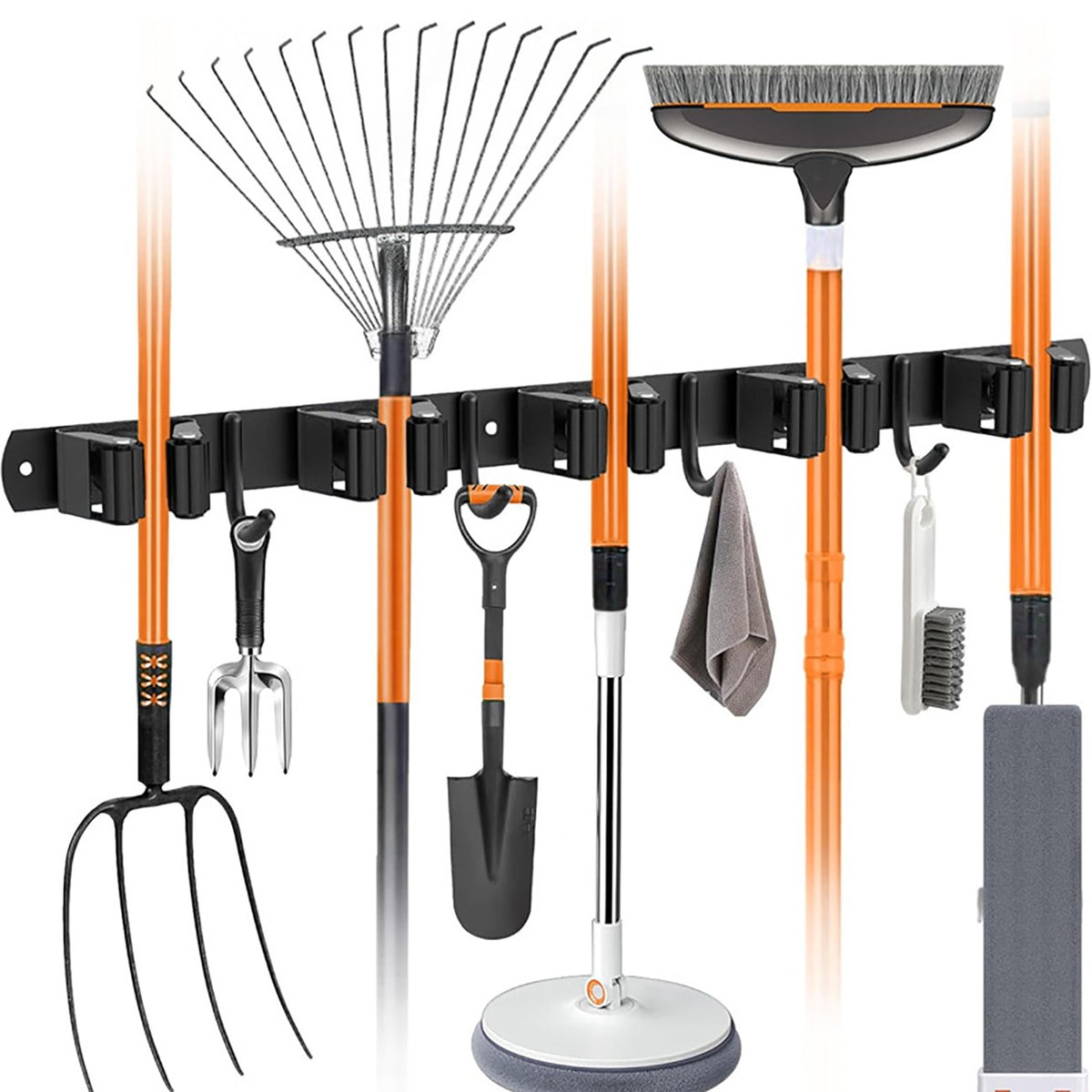 5-slot broom and mop holder with 4 hooks