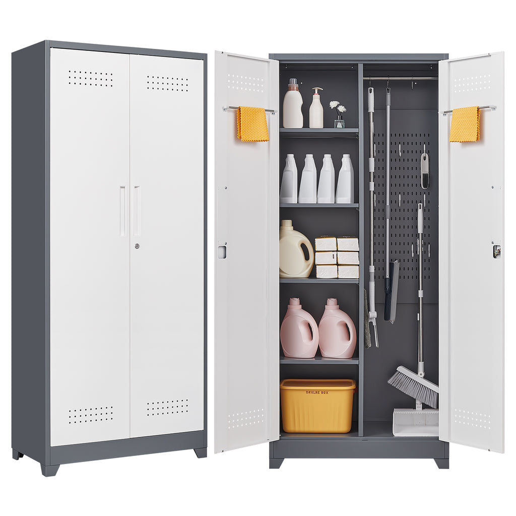 Gray Metal Lockers Cleaning Tool Cabinets With Locking Doors High Broom Tool - Image 2