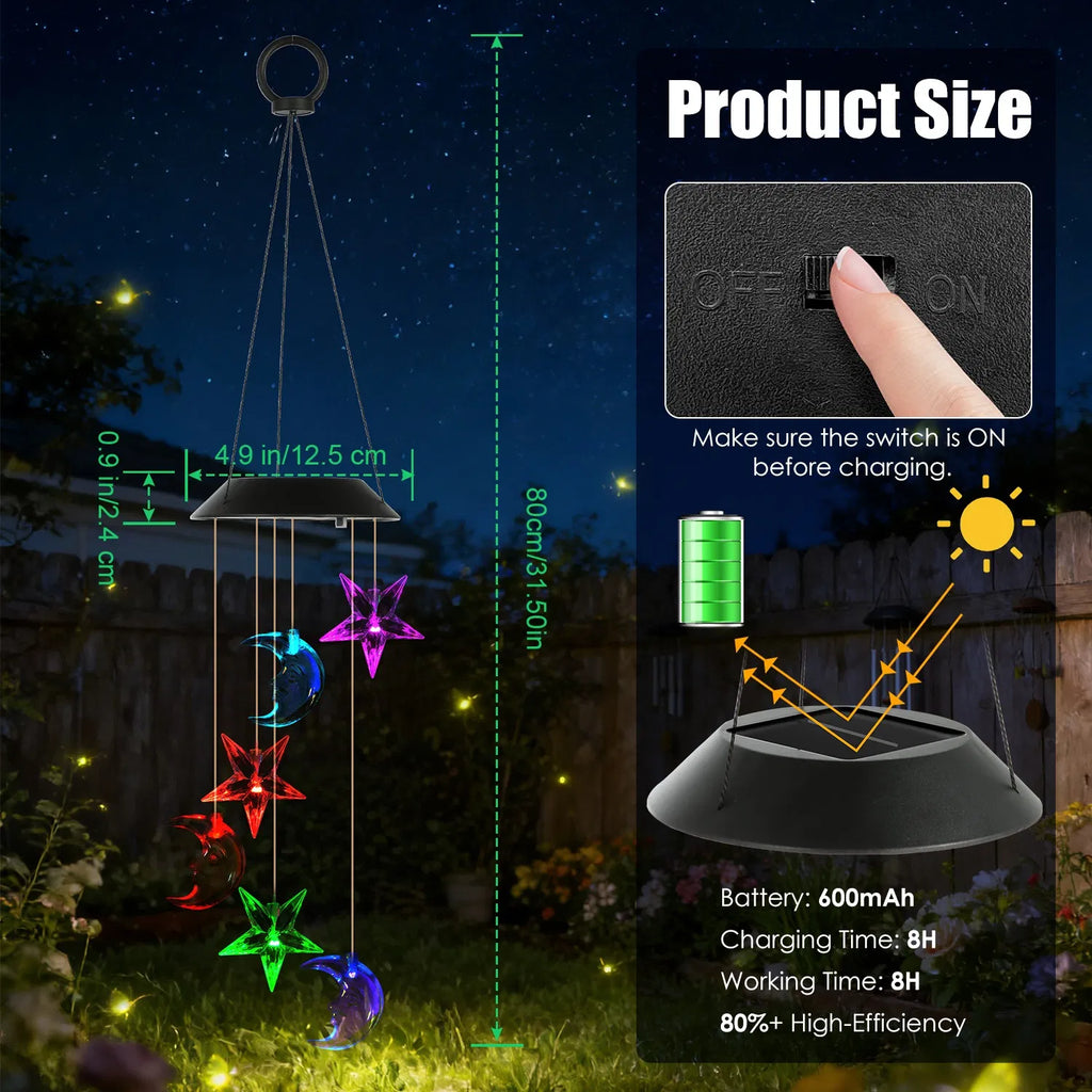 2PCS Outdoor Solar Wind Chimes Moon and Star Color Changing LED Light - Image 3