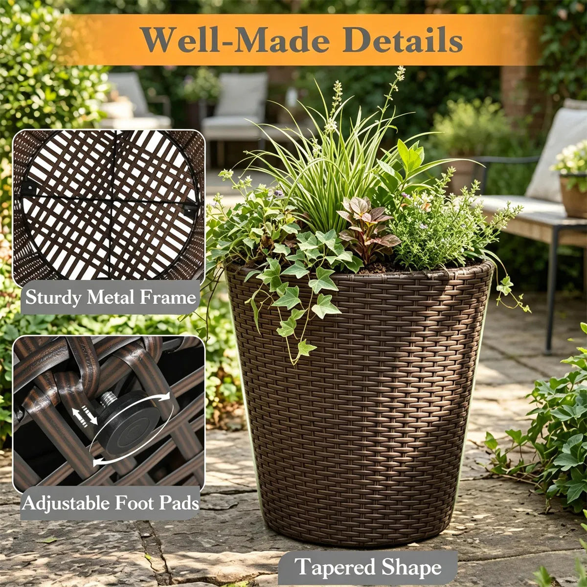 2 Piece PP Rattan Planter Set 15 & 12 Tapered Square Flower Pots with Built in - Image 4