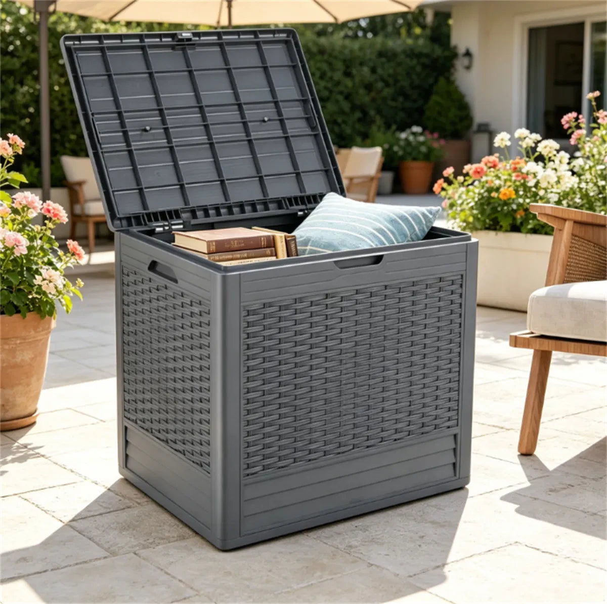 25 Gallon Outdoor Deck Box Weatherproof PP Storage Chest with Rattan Texture - Image 5
