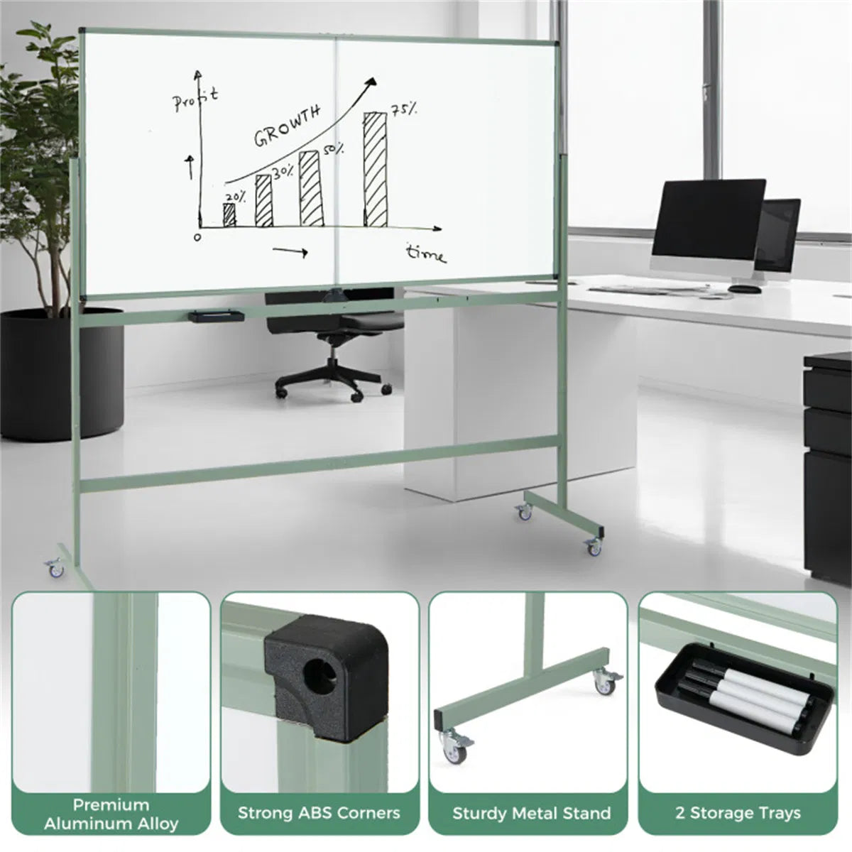 360° Rotating Double Sided Magnetic Whiteboard 182.88×91.44cm Writing Surface - Image 5