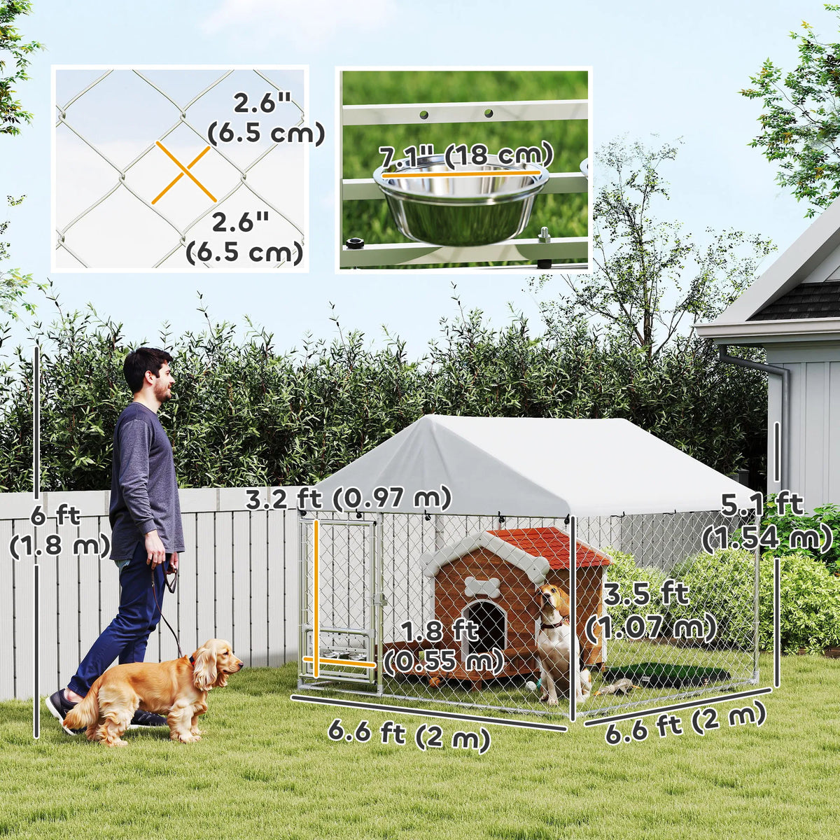 Outdoor Dog Run w/ Adjustable & Rotating Bowls Waterproof UV Resistant Cover - Image 5