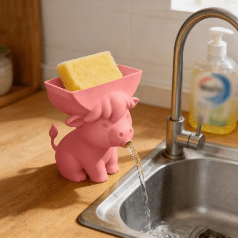 Cute Cow Sponge Holder Kitchen Sink Organizer With Drain Spout Animal Shaped
