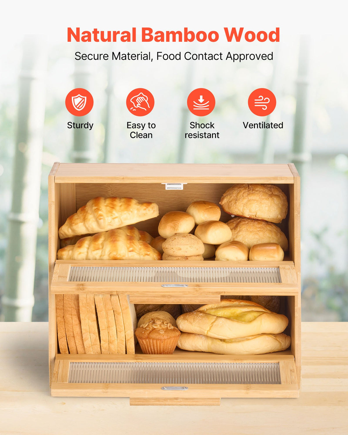 Double Layer Bread Box For Kitchen Counter Bamboo Storage Container Natural - Image 3