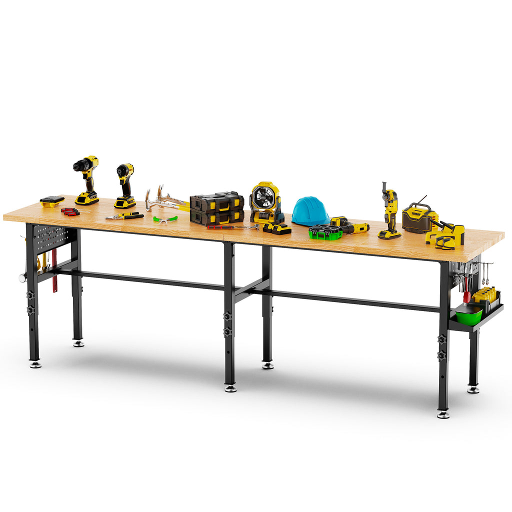 96 Inch Adjustable Workbench with Side Pegboard and Solid Wood Top - Main View