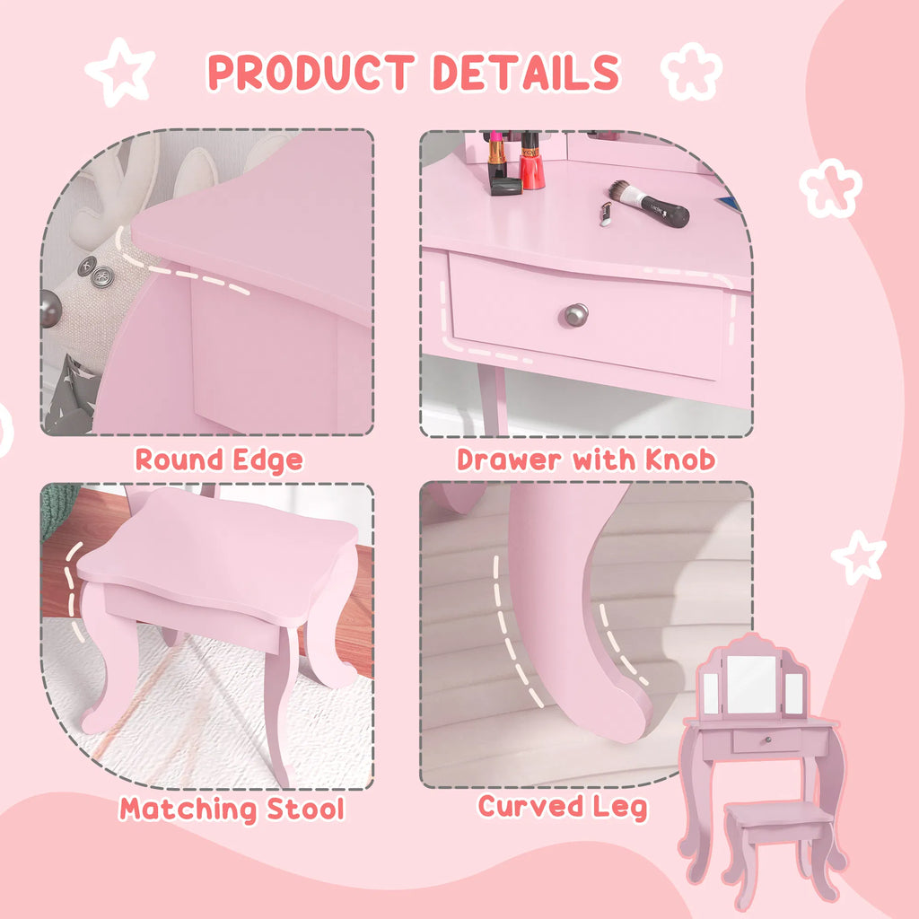 Kids Vanity Table and Stool Makeup Vanity Girls Dressing Table Set with - Image 2