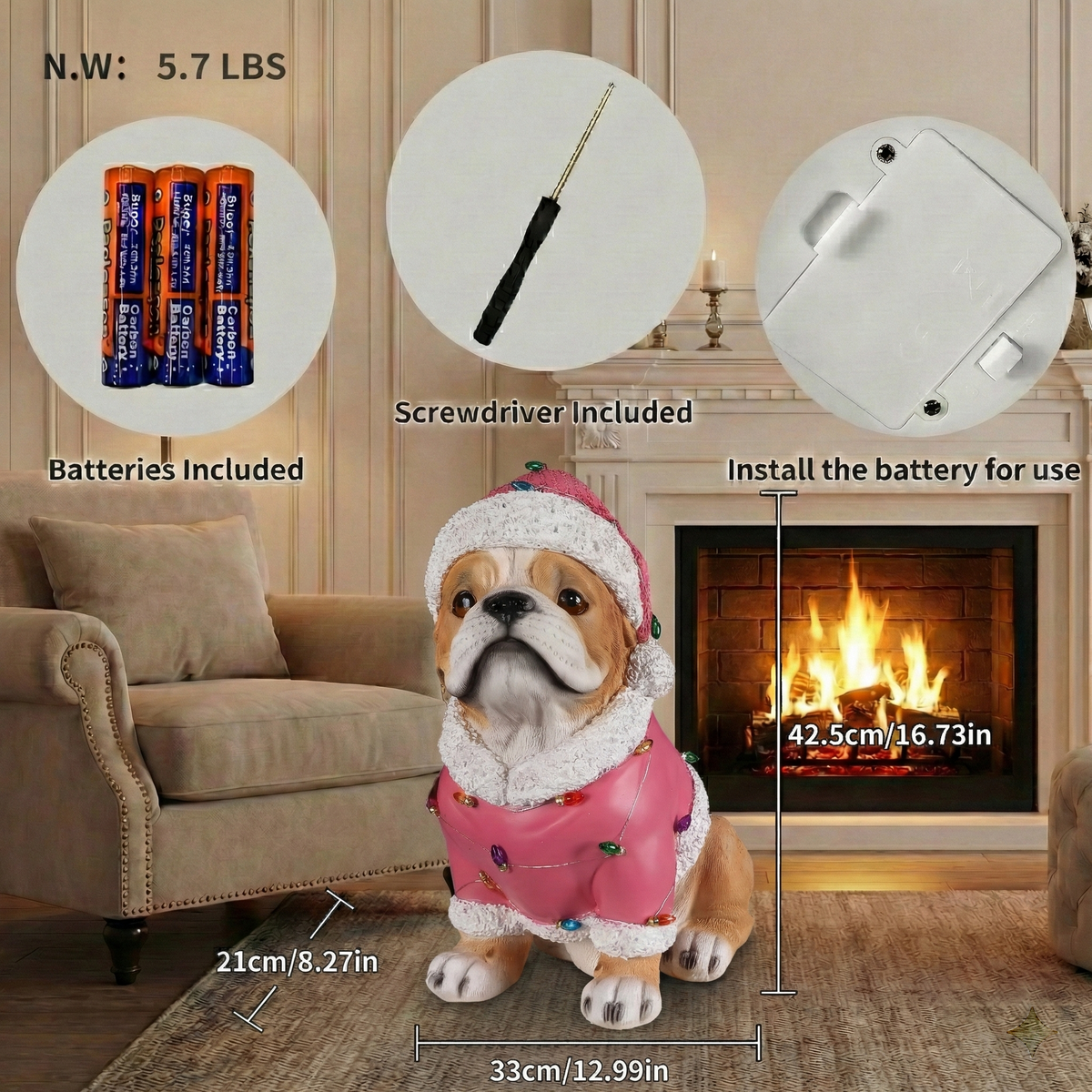 Christmas Pug Statue Holiday Dog Figurine in Pink Santa Outfit - Image 4