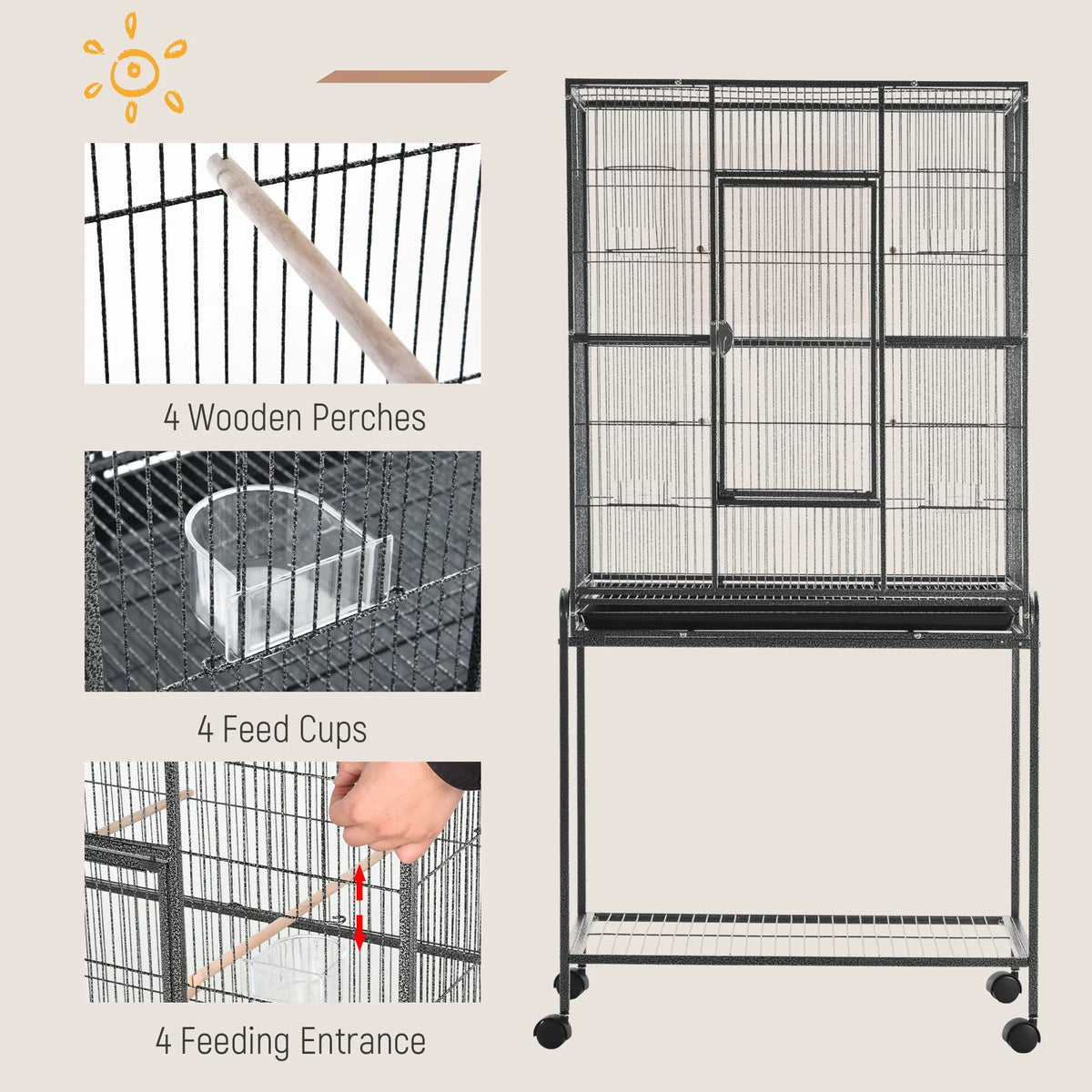30'' Large Rolling Metal Bird Cage Bird House with Detachable Rolling Stand - Image 4