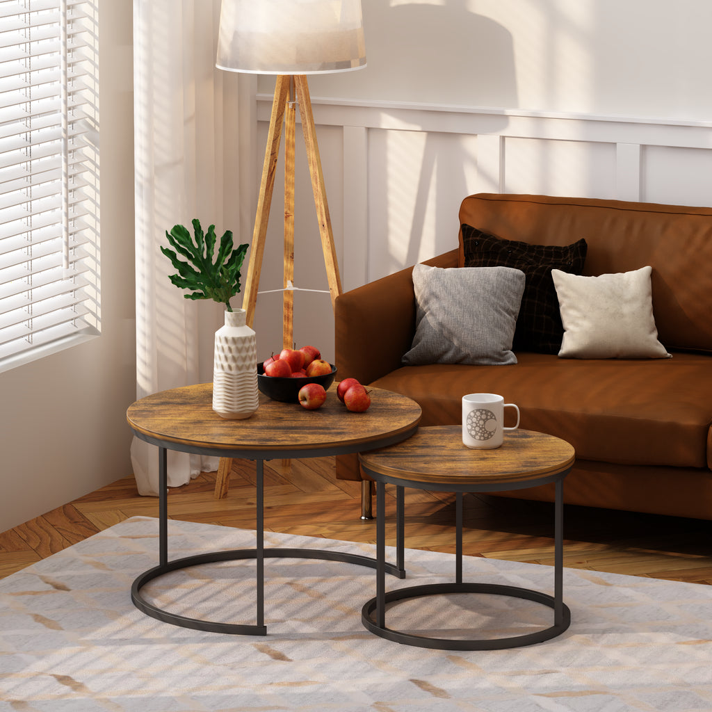 Nesting Coffee Table Set of 2 27.6inch Round Coffee Table Industrial Wood - Image 4