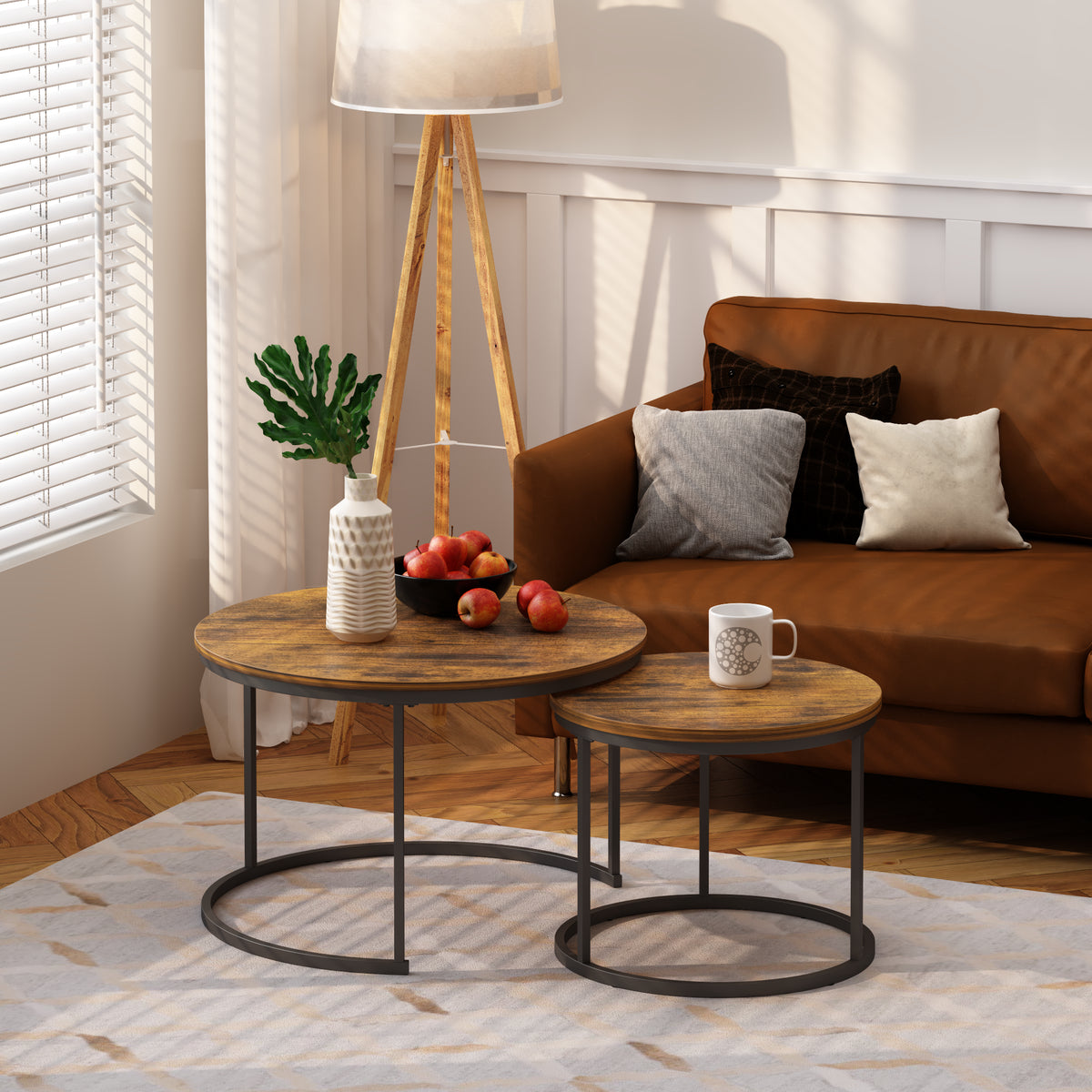 Nesting Coffee Table Set of 2 27.6inch Round Coffee Table Industrial Wood - Image 4