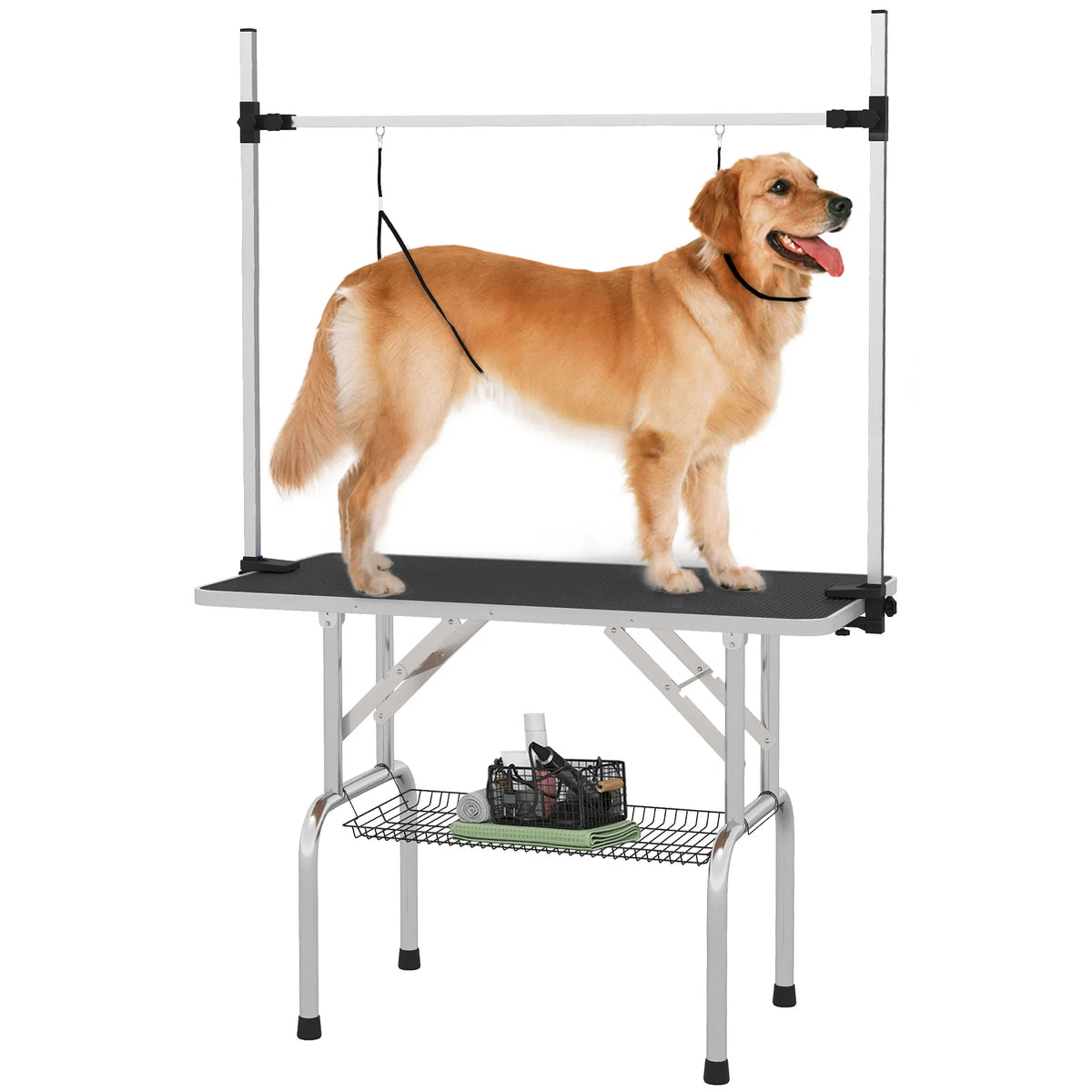 Adjustable Dog Grooming Table with 2 Safety Slings Storage Basket Black