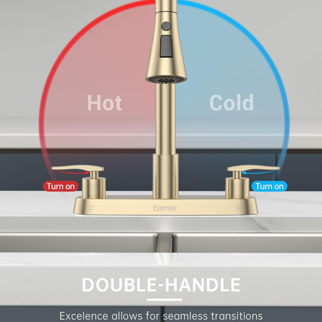 Handle Kitchen Faucet With Pull Down Sprayer Brushed Gold 4 Holes Sink Faucets - Image 2