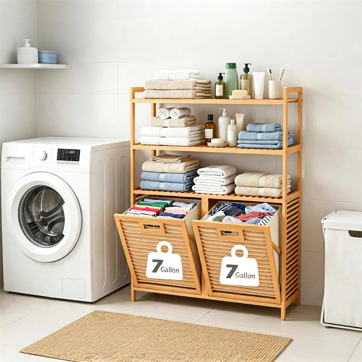 Natural Bamboo Tilt Out Laundry Hamper Cabinet with 2 Removable 7 Gallon Fabric