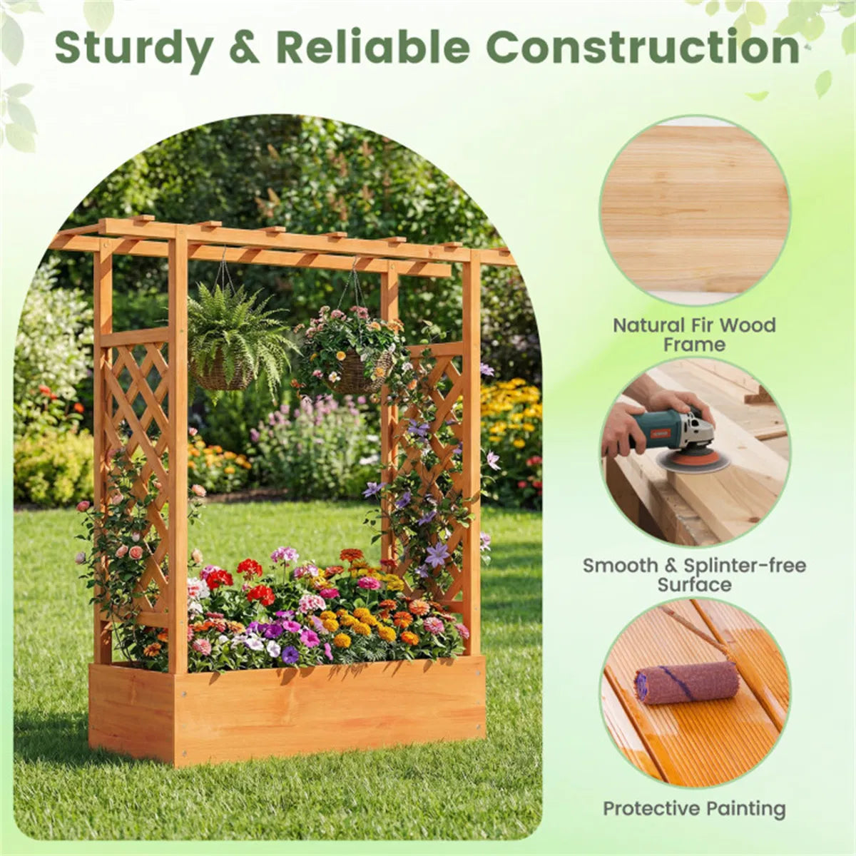 Fir Wood Raised Garden Bed with Side Trellis 109.22×35.56×114.30 cm Planter - Image 4