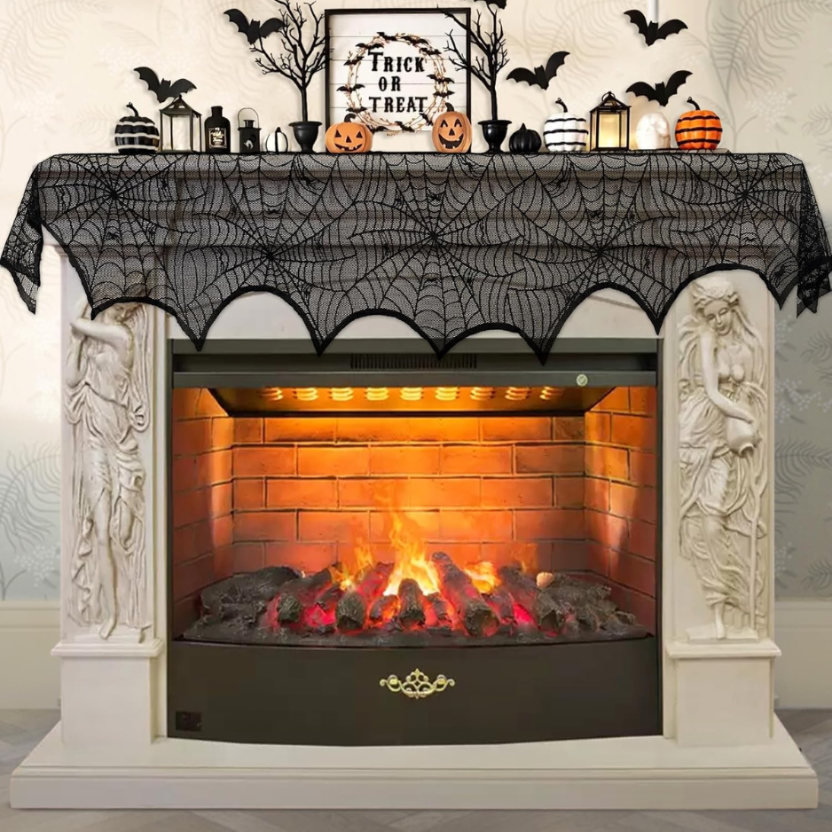 Black Lace Spiderweb Fireplace Mantle Scarf Cover 18 X 96 Spooky Halloween - Image 4