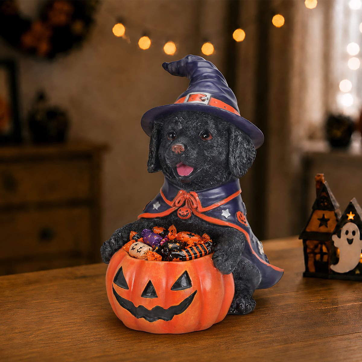 Halloween Black Labrador Retriever Witch Puppy Figurine Cute Dog Holding - Image 2