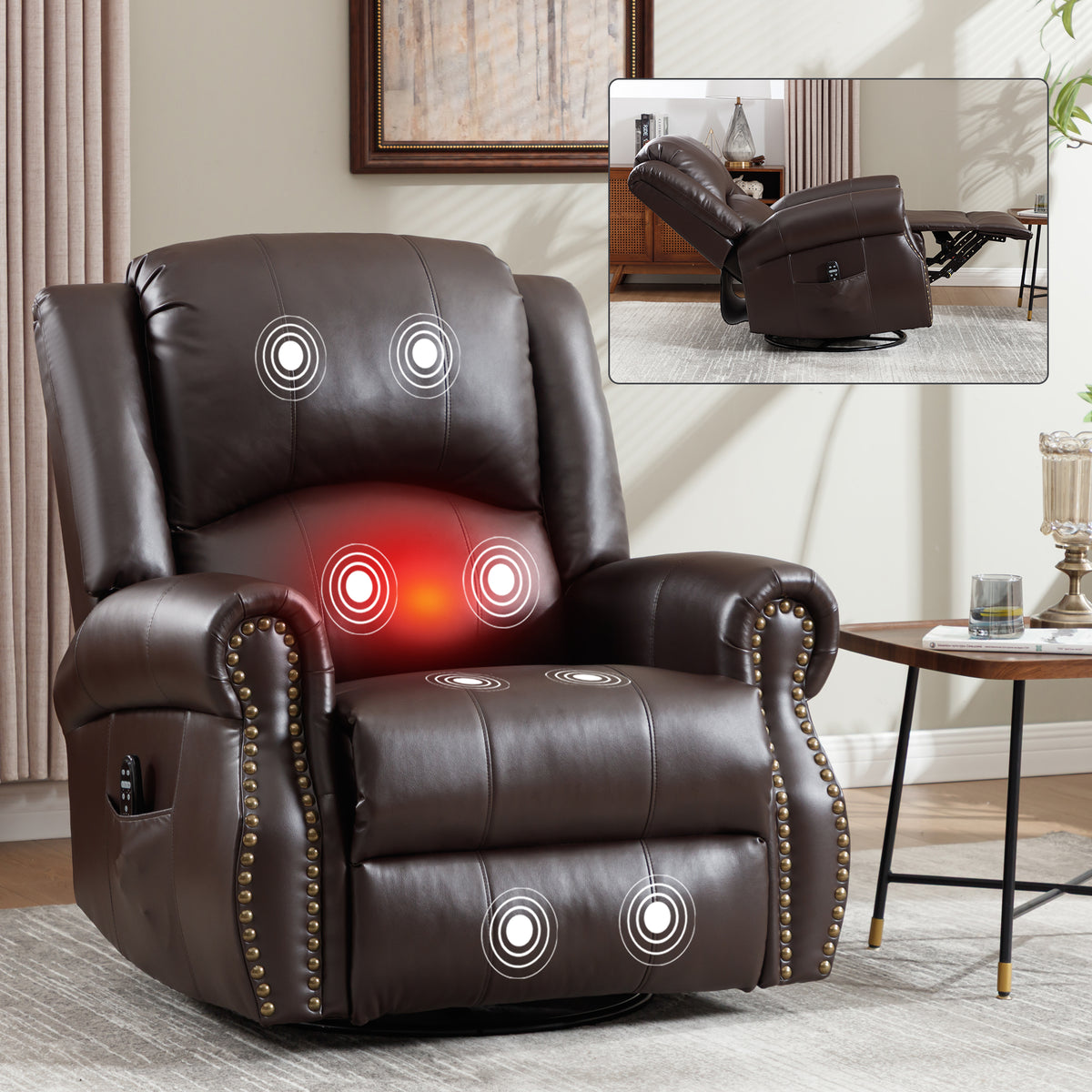 Heat Massage Manual Recliner Chair with Rocker and Swivel in Fabric for Living - Image 4