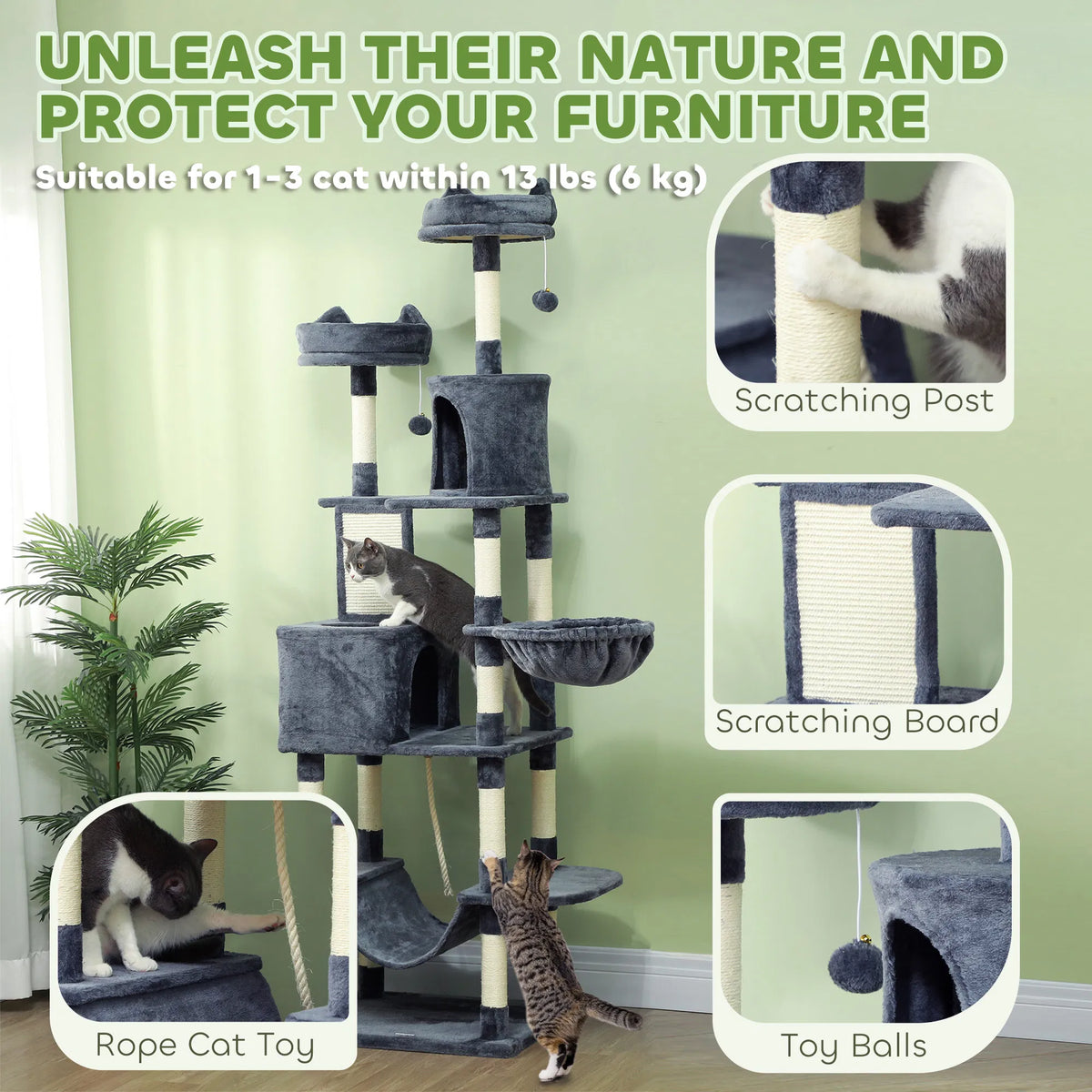 81" Large Cat Tree w/ Scratching Posts Condos Beds Hammocks Jumping - Image 2