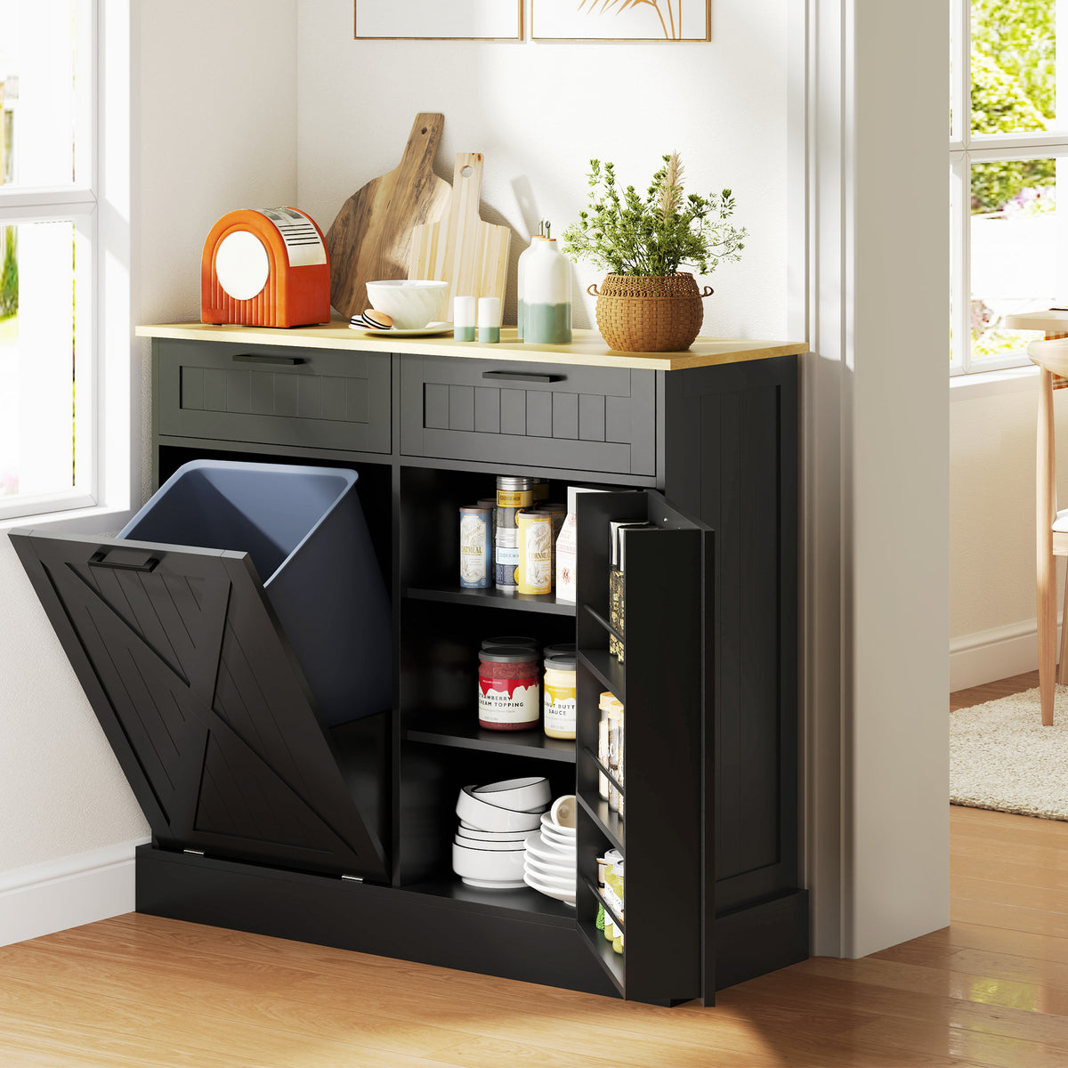 10 Gallon Farmhouse Kitchen Cabinet with Hidden Trash Can and 2 Drawers Tilt - Image 5