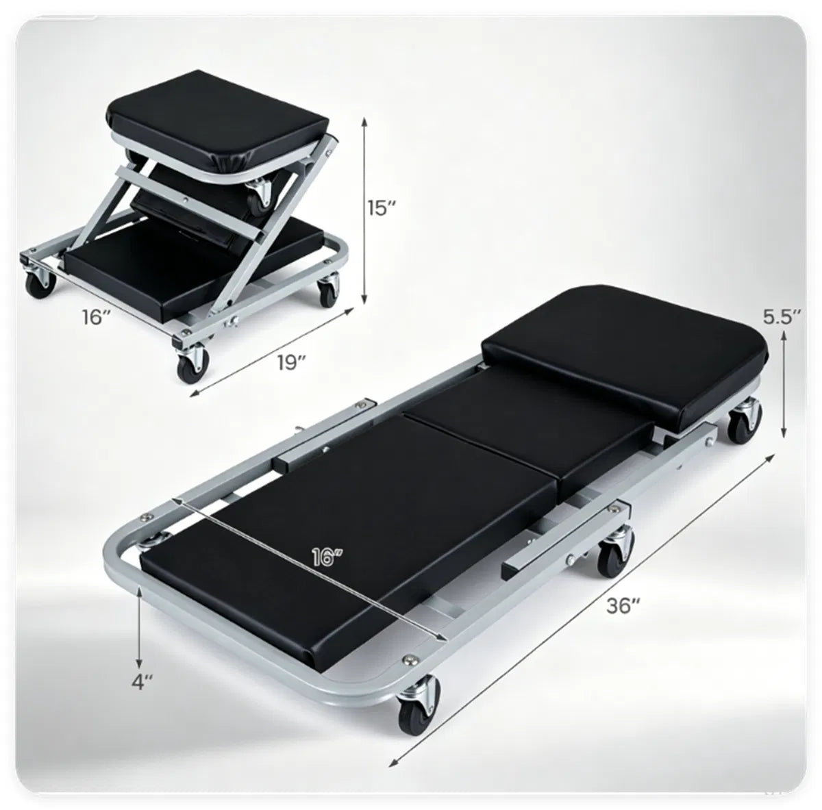 36" 2 in 1 Mechanic Creeper Seat with 360 Swivel Casters Heavy Duty Metal - Image 4