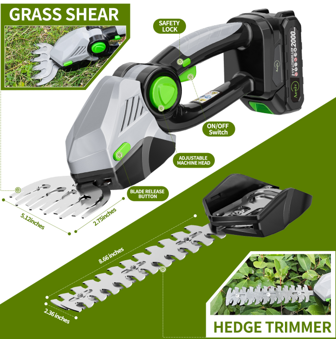 Cordless Hedge Trimmer 2 in 1 Electric Handheld Grass Shears With 21V 2.0 - Image 3