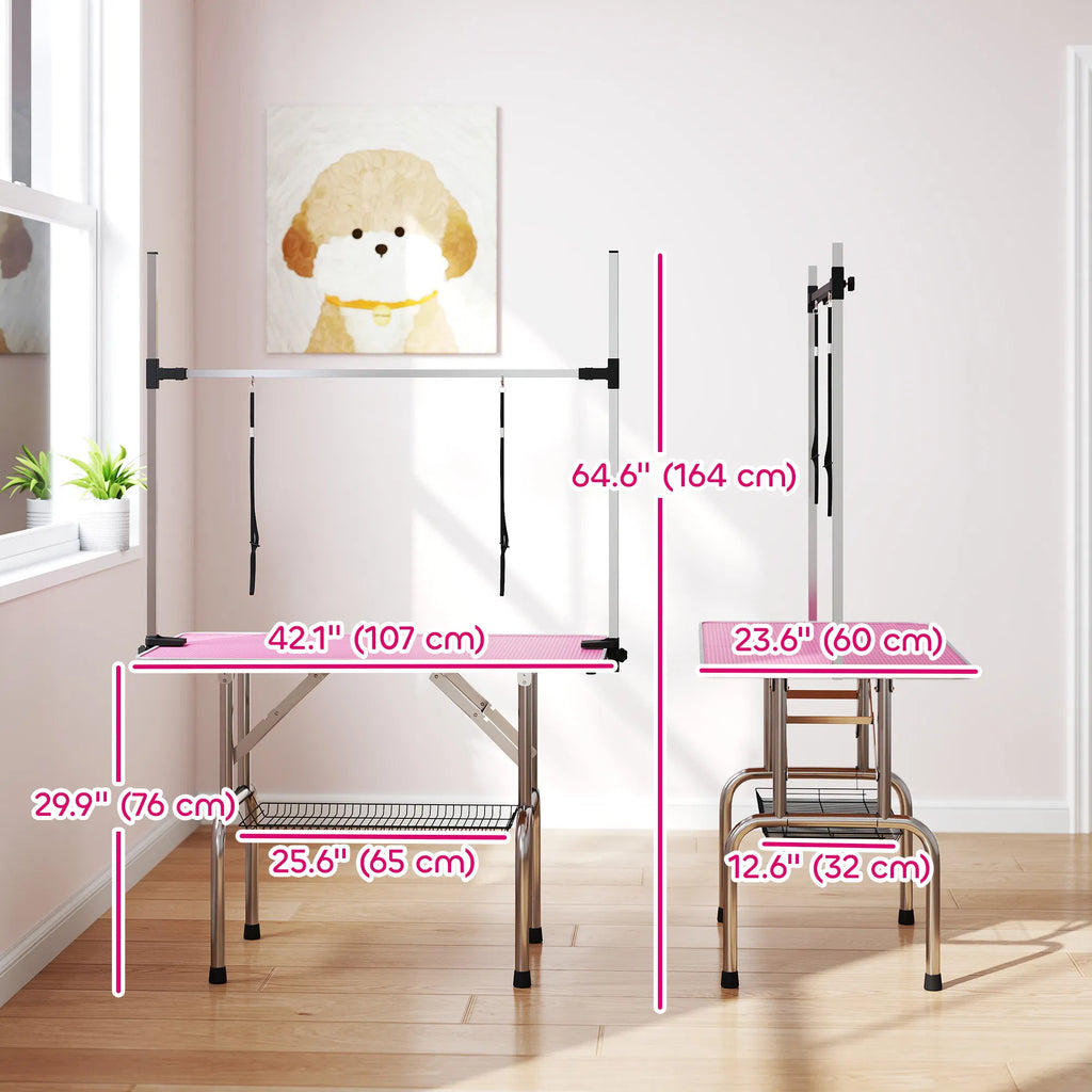 Adjustable Dog Grooming Table with 2 Safety Slings Storage Basket Pink