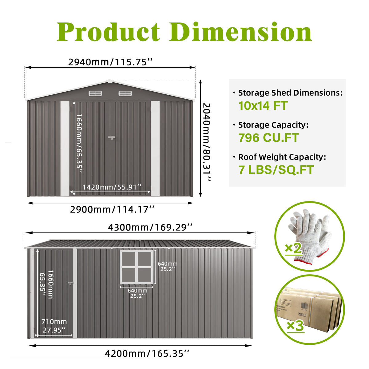 10x14 FT Outdoor Metal Storage Shed Durable Garden Shed With Three Lockable - Image 3