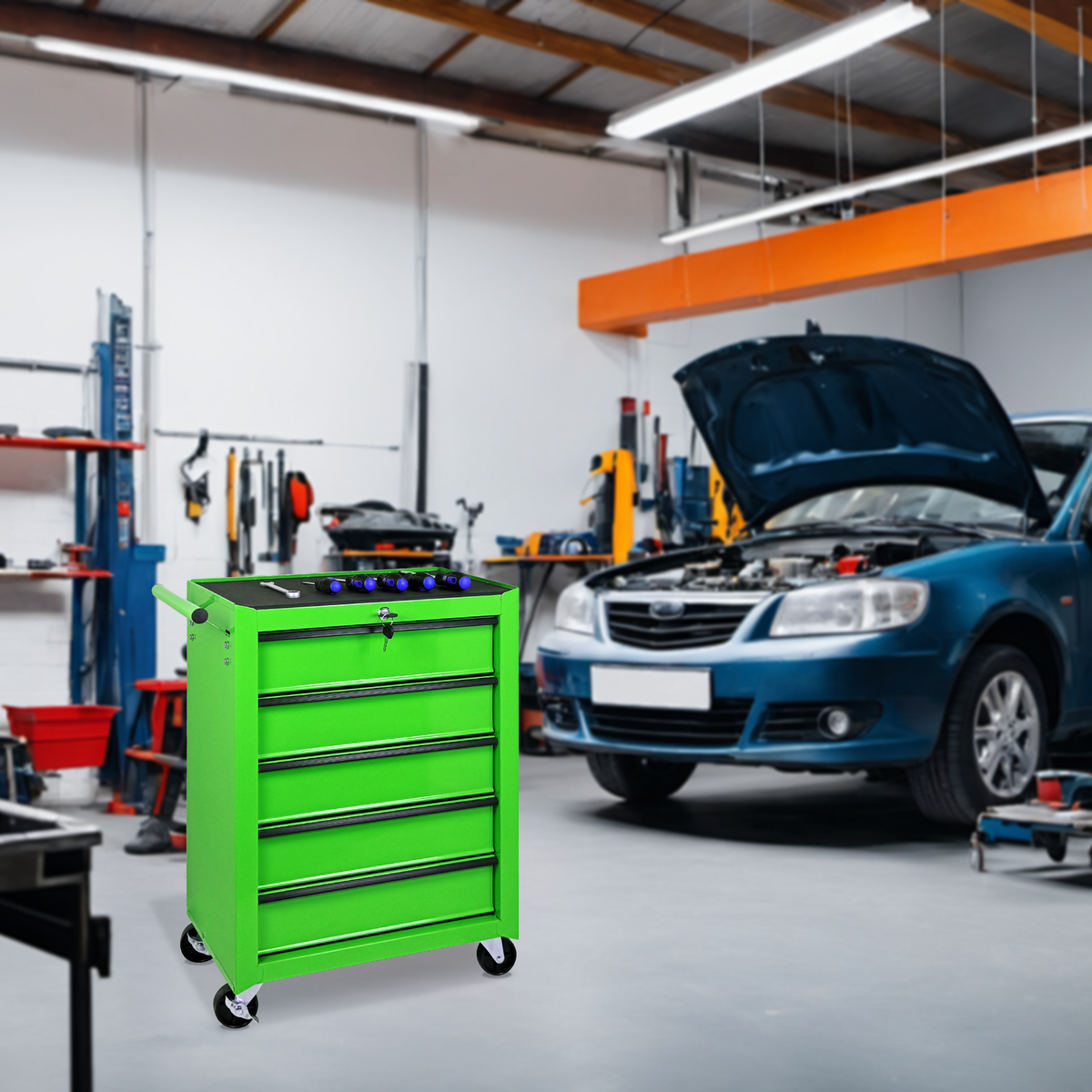 20-Inch Rolling Metal Tool Chest 5 Drawers Green Steel Garage Cabinet - Open Drawers View
