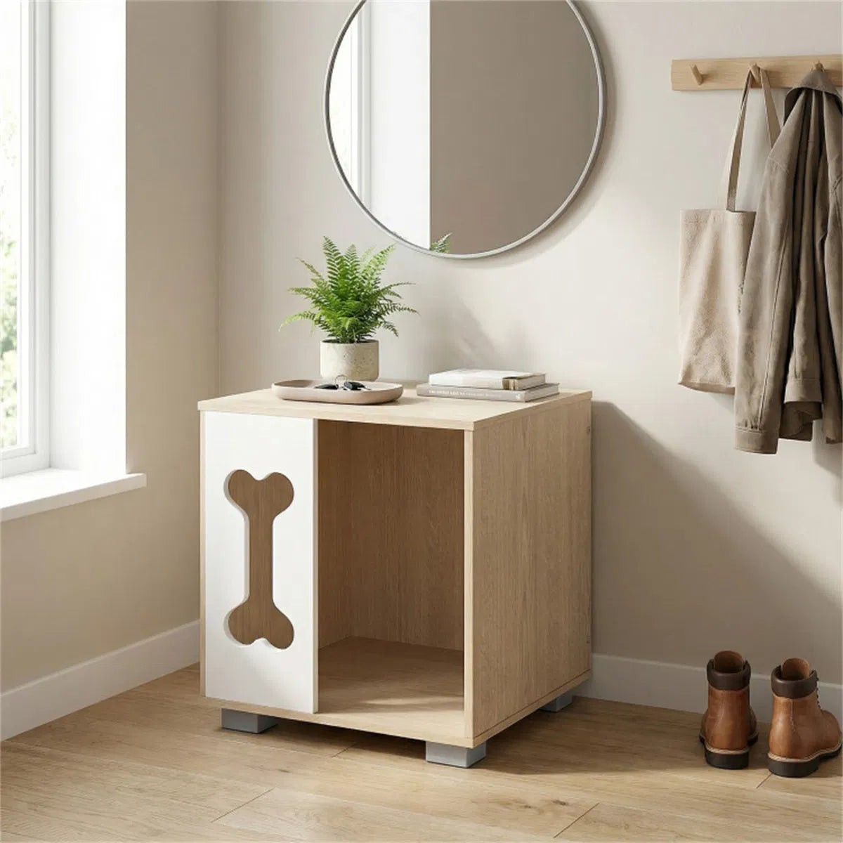Cat Dog House Bed Side Table Wooden Condo With Bone Shape Window And Thick - Image 3