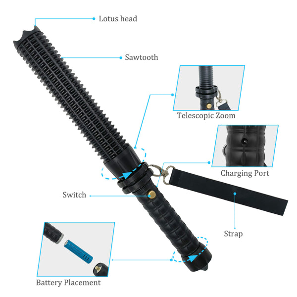 USB Rechargeable LED Flashlight Retractable Torch 3 Mode Zoomable Security