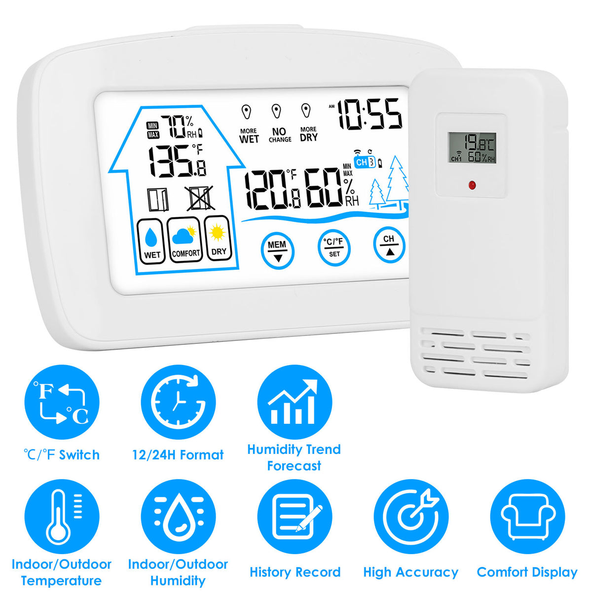 1Pc Wireless Weather Station With Clock 196FT Range Indoor Outdoor Thermometer - Image 4