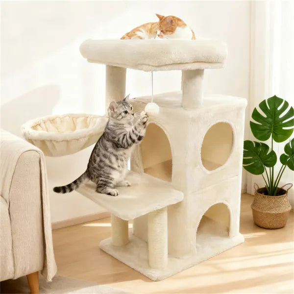 Beige 33.5" Multi Level Cat Tree With 2 Tier Condo Sisal Scratching Posts & - Image 2