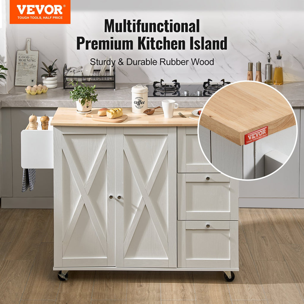 Mobile Kitchen Island with Solid Wood Top and Drop Leaf