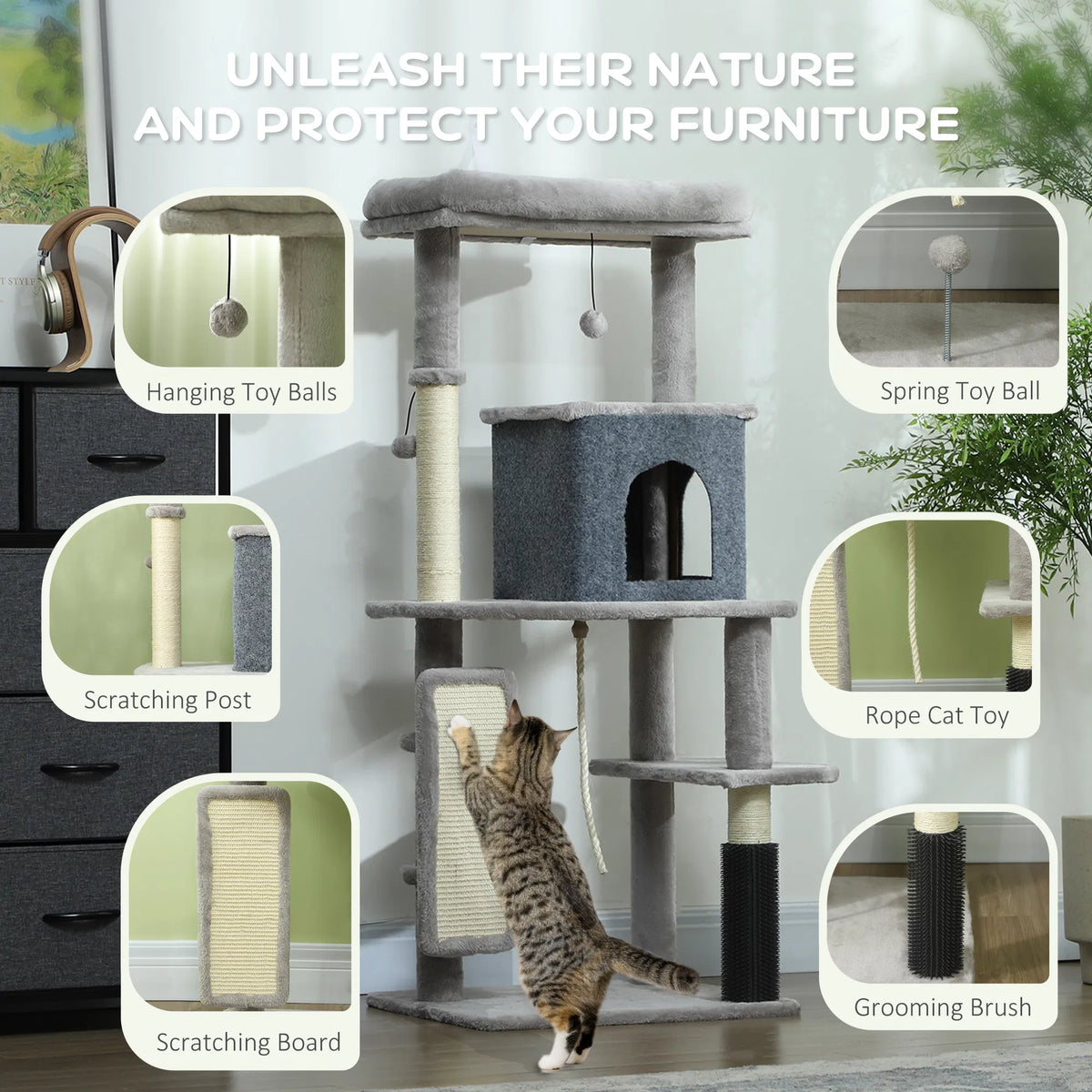 52 Inch Cat Tree with Scratching Posts Cat Bed Condo Grooming Brush Jumping - Image 4