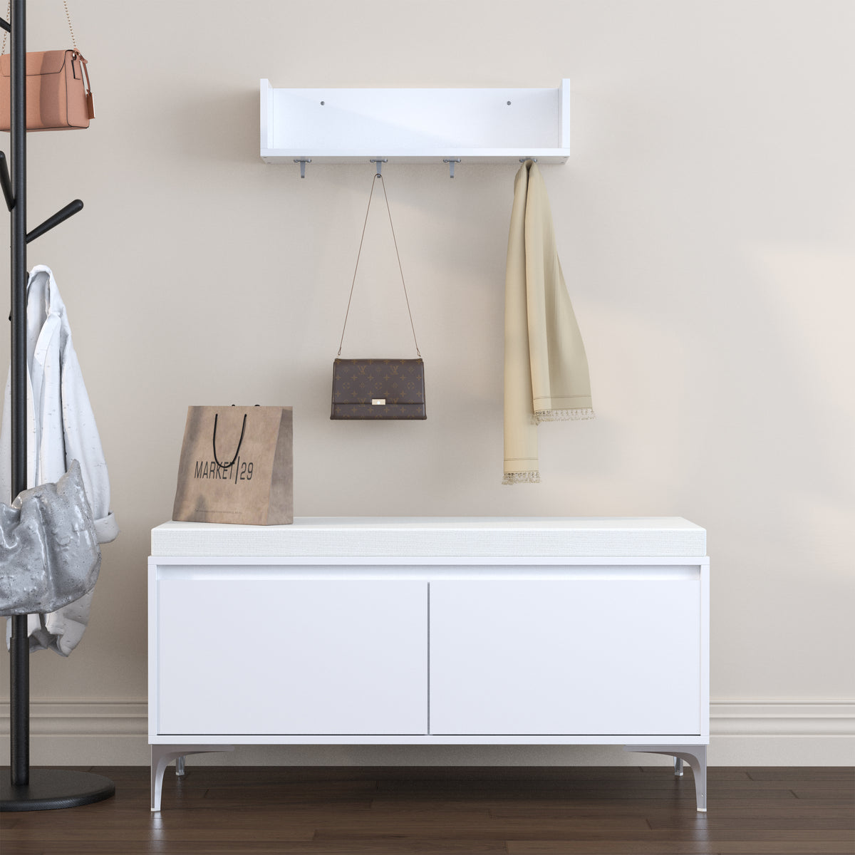 White Entryway Shelf And Shoe Storage Bench