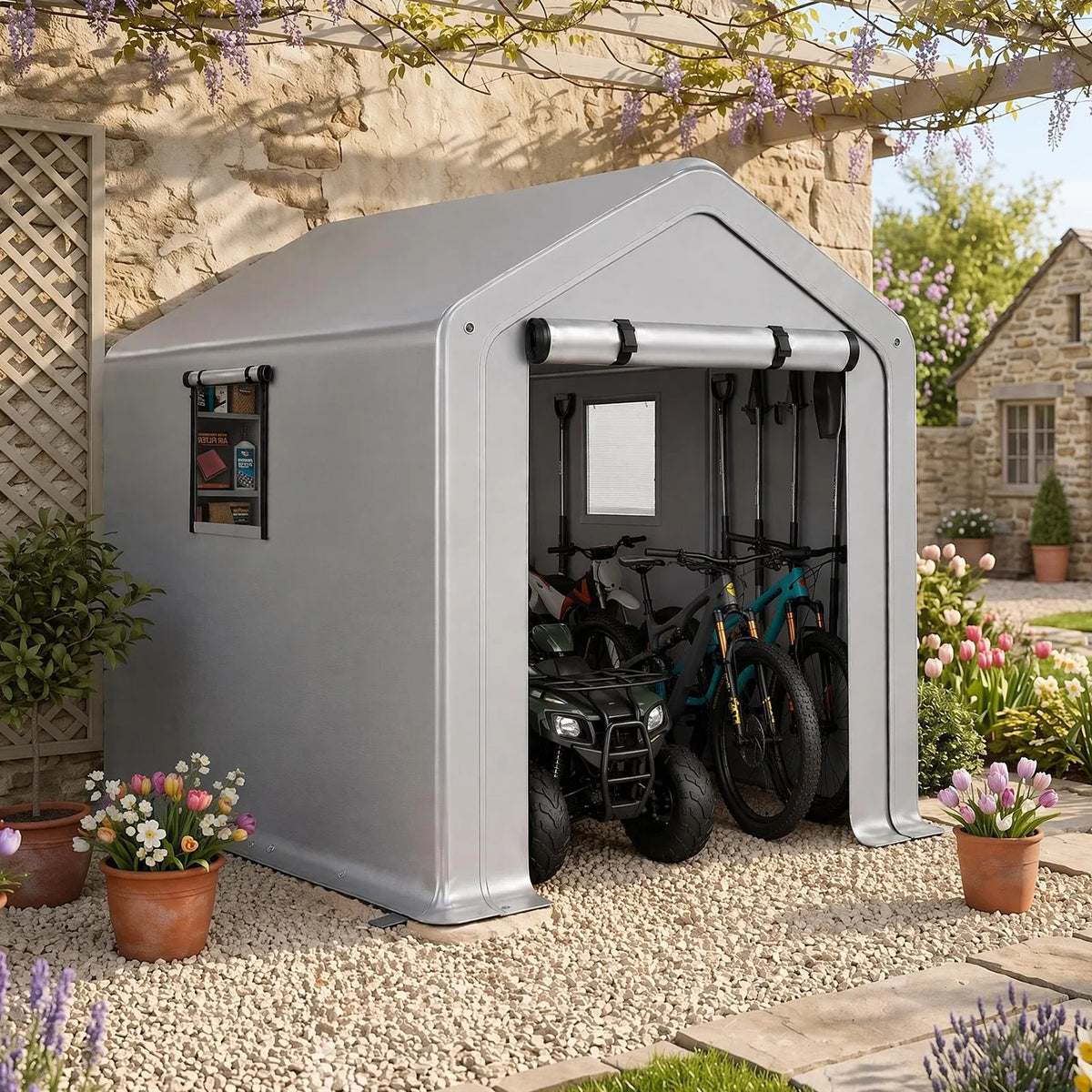 6x10 FT Storage Shed with 2 Roll up Windows Heavy Duty Bike Tent - Image 5