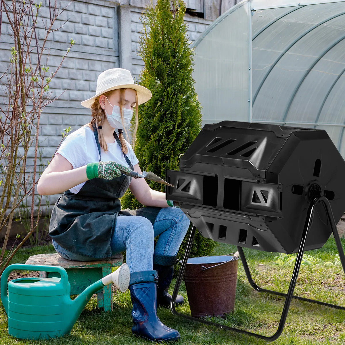 Outdoor Compost Tumbler Dual Chamber Outdoor Tumbling Composter Dual Rotating - Image 3